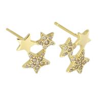 Rhinestone Brass Stud Earring, Star, gold color plated, for woman & with rhinestone, golden 1mm 