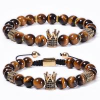 Tiger Eye Stone Bracelets, with Knot Cord & Brass, Crown, Unisex & micro pave cubic zirconia, 8mm Approx 7-11.8 Inch 
