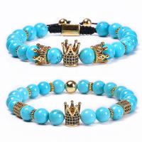 Turquoise Brass Bracelets, with Knot Cord & Brass, Crown, Unisex & micro pave cubic zirconia, 8mm Approx 6.6-11.8 Inch 