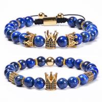 Natural Lapis Lazuli Bracelet, with Knot Cord & Brass, Crown, Unisex & micro pave cubic zirconia, 8mm Approx 6.6-11.8 Inch 