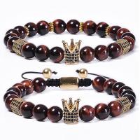 Tiger Eye Stone Bracelets, Red Tiger Eye Stone, with Knot Cord & Brass, Crown, Unisex & micro pave cubic zirconia, 8mm Approx 6.6-11.5 Inch 