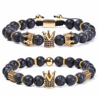 Lava Bead Bracelet, with Knot Cord & Brass, Crown, Unisex & micro pave cubic zirconia, 8mm Approx 6.6-11.8 Inch 