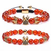 Red Agate Bracelets, with Knot Cord & Brass, Crown, Unisex & micro pave cubic zirconia, 8mm Approx 6.6-11.8 Inch 