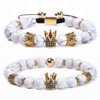 Gemstone Bracelets, Howlite, with Knot Cord & Brass, Crown, Unisex & micro pave cubic zirconia, 8mm Approx 6.6-11.8 Inch 