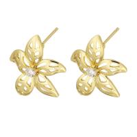 Rhinestone Brass Stud Earring, Flower, gold color plated, for woman & with rhinestone & hollow, golden 1mm 