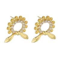 Brass Earring Stud Component, gold color plated, for woman & with rhinestone & hollow, golden 1mm 