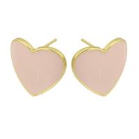 Brass Earring Drop Component, Heart, gold color plated, DIY & enamel, pink 1mm 
