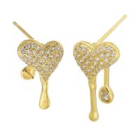 Brass Earring Stud Component, Heart, gold color plated, DIY & with rhinestone, golden  1mm 