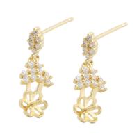 Brass Earring Drop Component, Flower, gold color plated, for woman & with rhinestone, golden 1mm 