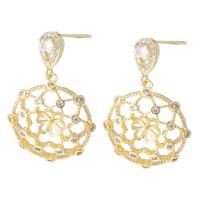 Brass Earring Drop Component, Flower, gold color plated, for woman & with rhinestone & hollow, golden 1mm 
