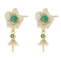 Brass Earring Drop Component, with Green Agate, Flower, gold color plated, DIY & with rhinestone, golden 1mm 