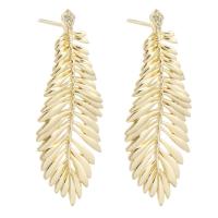 Rhinestone Brass Drop Earring, Feather, gold color plated, for woman & with rhinestone, golden 1mm 
