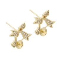 Brass Earring Stud Component, Bowknot, gold color plated, DIY & with rhinestone, golden 1mm 