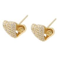 Brass Earring Stud Component, Heart, gold color plated, DIY & with rhinestone, golden 1mm 
