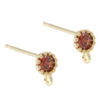 Brass Earring Drop Component, with Cubic Zirconia, gold color plated, DIY & faceted, red 1mm 