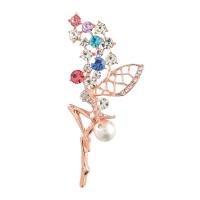 Rhinestone Zinc Alloy Brooch, with Plastic Pearl, Fairy, rose gold color plated, for woman & with rhinestone & hollow 