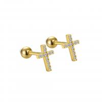 Sterling Silver Stud Earring, 925 Sterling Silver, Cross, plated, for woman & with rhinestone 