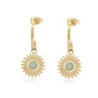 Stainless Steel Drop Earring, 304 Stainless Steel, with turquoise, Flower, plated, for woman, golden 