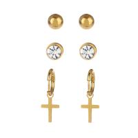 304 Stainless Steel Earring Set, Stud Earring & earring, Cross, Vacuum Plating, 3 pieces & for woman 1.4*2.8cm,0.3*0.3cm 