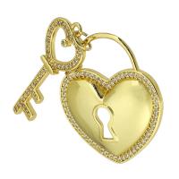 Cubic Zirconia Micro Pave Brass Pendant, heart and key, gold color plated, fashion jewelry & DIY & micro pave cubic zirconia, golden Approx 3mm 