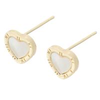 Brass Earring Drop Component, with White Shell, Heart, gold color plated, DIY, golden 1mm 