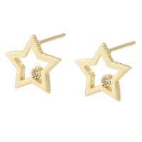 Rhinestone Brass Stud Earring, Star, gold color plated, for woman & with rhinestone & hollow, golden 1mm 