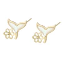 Brass Earring Stud Component, with White Shell, gold color plated, for woman, golden 1mm 