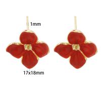 Brass Earring Stud Component, Flower, gold color plated, DIY & enamel, red 1mm 