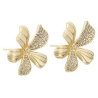Brass Earring Stud Component, Flower, gold color plated, DIY & with rhinestone, golden 1mm 