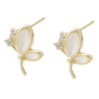 Brass Earring Stud Component, with White Shell, Butterfly, gold color plated, DIY & with rhinestone, golden 1mm 