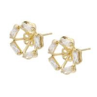 Brass Earring Stud Component, with Cubic Zirconia, Flower, gold color plated, DIY & faceted, golden 1mm 