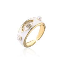 Cubic Zirconia Micro Pave Brass Finger Ring, with Plastic Pearl, gold color plated, Adjustable & micro pave cubic zirconia & for woman & enamel 18mm 