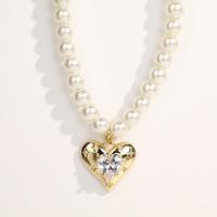 Plastic Pearl Necklace, 304 Stainless Steel, with Plastic Pearl, with 1.96inch extender chain, Heart, Vacuum Ion Plating, for woman & with rhinestone Approx 15.7 Inch 