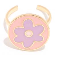 Brass Finger Ring, Round, 14K gold plated, adjustable & with flower pattern & for woman & enamel, 60mm, US Ring 
