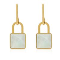 Titanium Steel Drop Earring, with Shell, Lock, gold color plated, for woman, golden 
