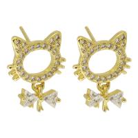 Boucles d'oreilles en laiton zircon cubique pavent, chat, Placage de couleur d'or, bijoux de mode & pavé de micro zircon & pour femme, doré, 15mm, Vendu par paire