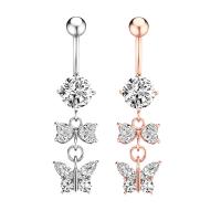 Stainless Steel Belly Ring, 304 Stainless Steel, with Cubic Zirconia & Brass, Butterfly, Galvanic plating, for woman & faceted 50-80mm 