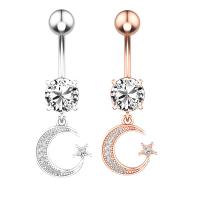 Stainless Steel Belly Ring, 304 Stainless Steel, with Cubic Zirconia & Brass, Moon and Star, Galvanic plating, for woman & faceted 50-80mm 