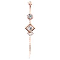 Stainless Steel Belly Ring, 304 Stainless Steel, with Cubic Zirconia & Brass, Rhombus, Galvanic plating, for woman & faceted, rose gold color, 50-80mm 
