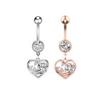 Stainless Steel Belly Ring, 304 Stainless Steel, with Cubic Zirconia & Brass, Heart, Galvanic plating, for woman & faceted 50-80mm 