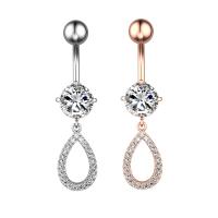 Stainless Steel Belly Ring, 304 Stainless Steel, with Cubic Zirconia & Brass, Teardrop, Galvanic plating, for woman & faceted & hollow 50-80mm 