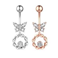 Stainless Steel Belly Ring, 304 Stainless Steel, with Cubic Zirconia & Brass, Butterfly, Galvanic plating, for woman & faceted & hollow 50-80mm 