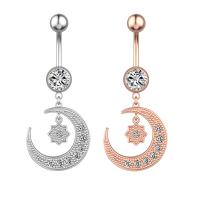 Stainless Steel Belly Ring, 304 Stainless Steel, with Cubic Zirconia & Brass, Moon and Star, Galvanic plating, for woman & faceted 50-80mm 