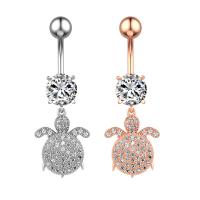 Stainless Steel Belly Ring, 304 Stainless Steel, with Cubic Zirconia & Brass, Turtle, Galvanic plating, for woman & faceted 50-80mm 