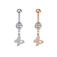 Stainless Steel Belly Ring, 304 Stainless Steel, with Cubic Zirconia & Brass, Butterfly, Galvanic plating, for woman & faceted 50-80mm 