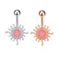 Stainless Steel Belly Ring, 304 Stainless Steel, with Pink Opal & Brass, Sun, Galvanic plating, for woman 50-80mm 
