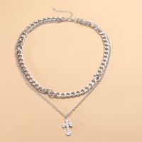 Fashion Multi Layer Necklace, Zinc Alloy, Cross, platinum color plated, Double Layer & for woman Approx 15.7-17.7 Inch 
