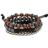 Hematite Bracelets, with Korean Waxed Cord & Wood & Iron, three layers & for man, mixed colors 