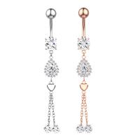 Stainless Steel Belly Ring, 304 Stainless Steel, with Cubic Zirconia & Brass, Teardrop, Galvanic plating, for woman & faceted 50-80mm 