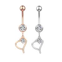 Stainless Steel Belly Ring, 304 Stainless Steel, with Cubic Zirconia & Brass, Heart, Galvanic plating, for woman & faceted & hollow 50-80mm 